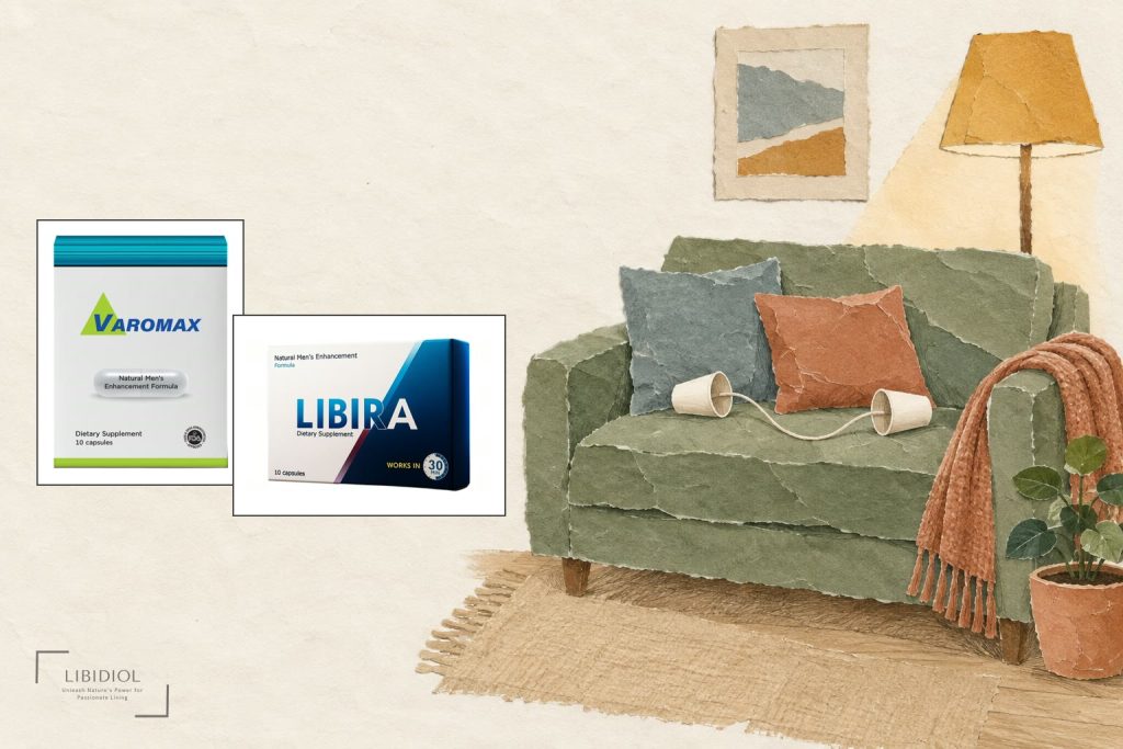 Paper collage of a green sofa with two cushions and two paper cups joined by a string, a floor lamp and a plant, with packs of Varomax and Libira capsules pasted on the left