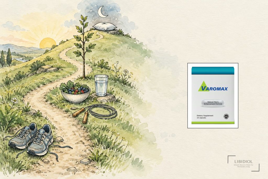 Hand-drawn watercolour of a winding path up a green hill with running shoes, a skipping rope, a bowl of greens and berries, a glass of water and a pillow under the moon, with a pack of Varomax capsules pasted on the right